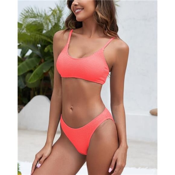 Women's Ribbed Bikini Sets Scoop Neck Cheeky‎ Swimsuit Textured Two Piece Pair - Picture 4 of 5